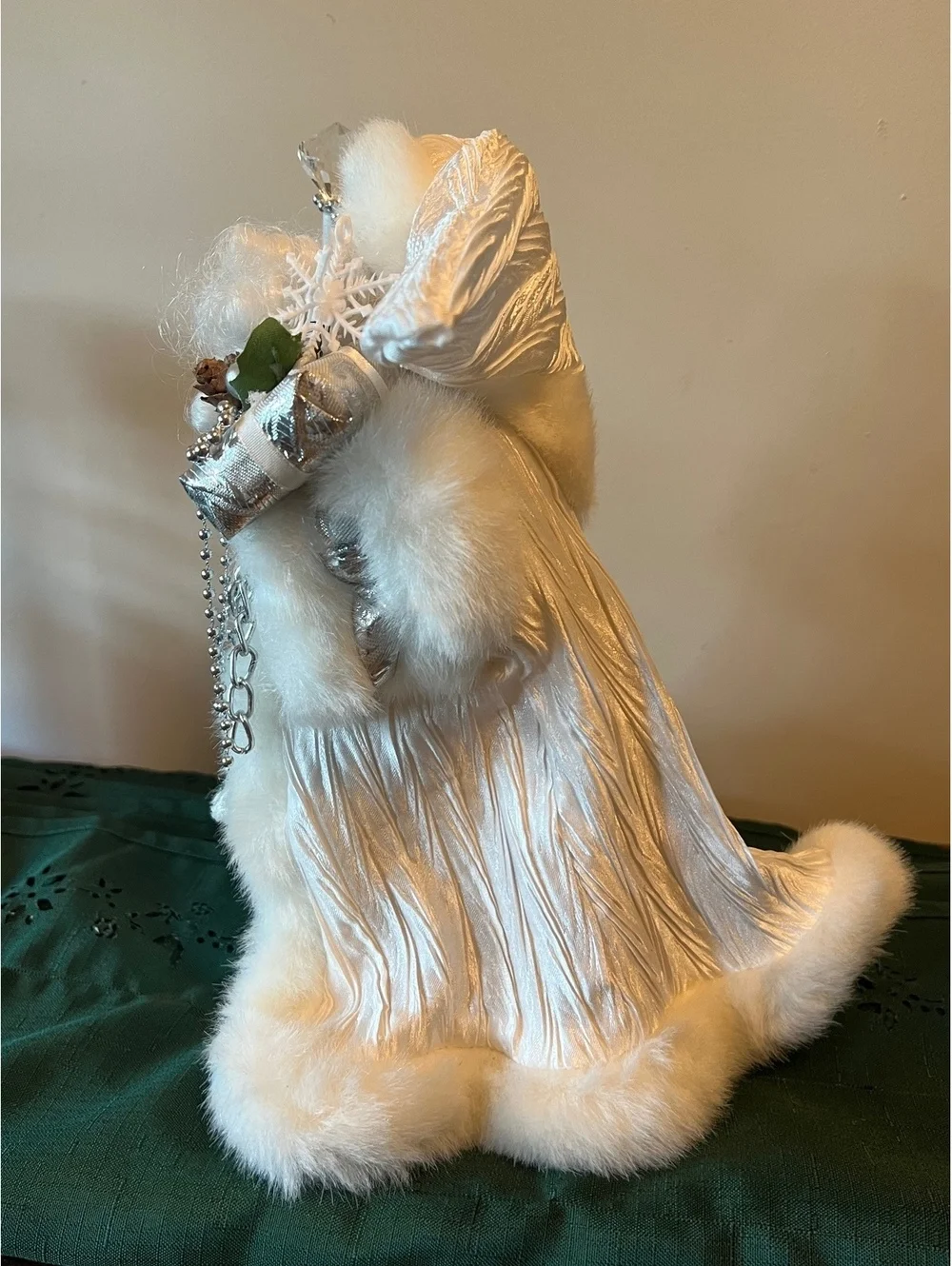 Father Christmas standing figure white faux fur cloak silver embellishments